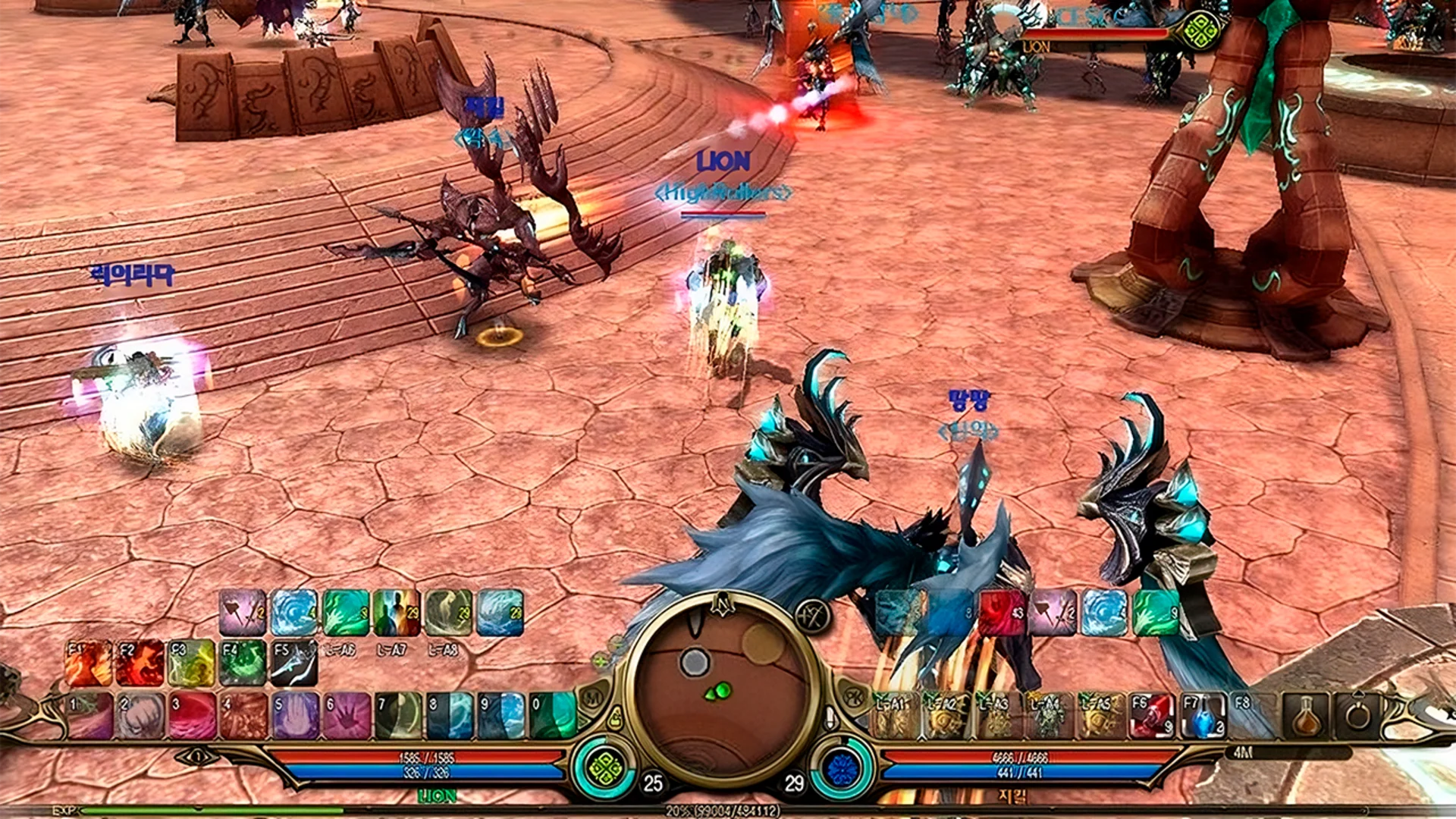 Players and transformed characters fighting in a circular arena