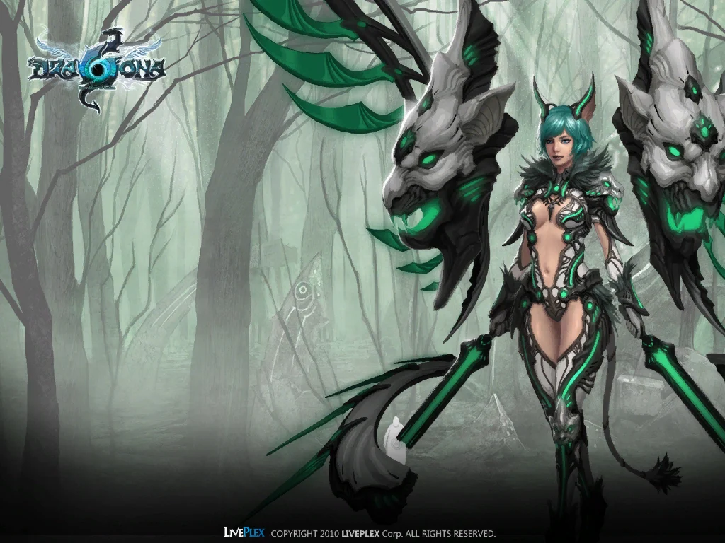 Green-haired heroine between two dragon heads — official Dragona: Fireborne loading screen artwork