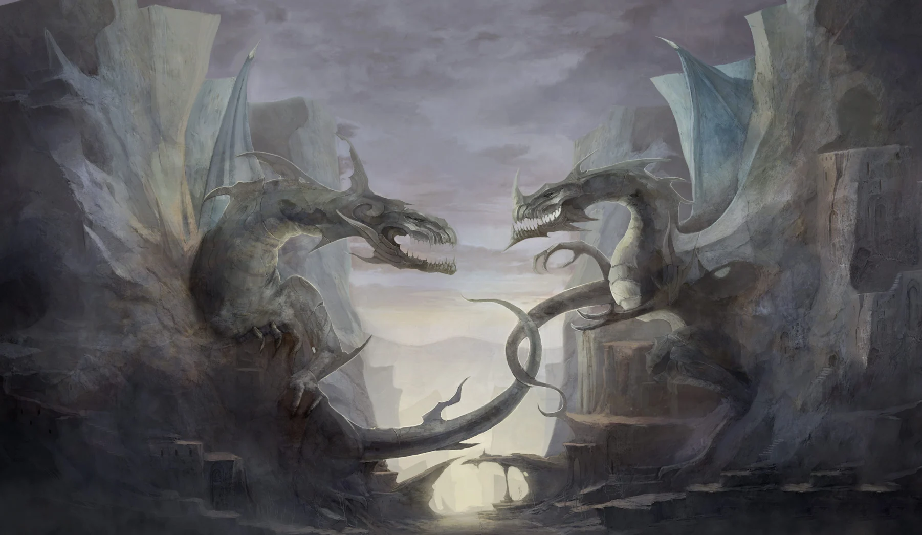 Twin dragons in a monumental fantasy landscape