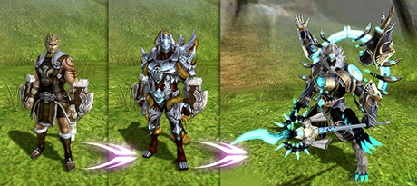 Shaman transformation stages: normal, partial and full dragon form